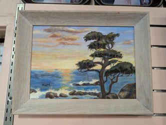 Framed Coastal Seascape Tree Ocean Landscape Painting Signed Wall Art Decor