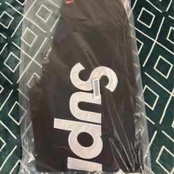 black supreme satin appliqué sweatpants