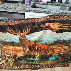Vintage Velvet Wall Tapestry with a stag and doe deer in wilderness 