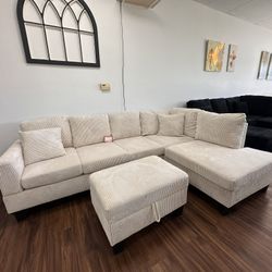 Clearance Item- Beige Sectional + Ottoman 