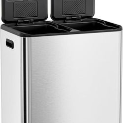 Kitchen Dual Trash Can, 60L Hands-Free Stainless Steel Garbage Can, Classified Rubbish Bin with Double Compartments, Soft-Close Lid, Inner Bucket, Odo