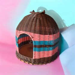 Vintage Wicker Cat House • Boho Pet Bed Basket • Retro Woven Pet Hut • Small Pet Hideaway