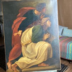 Antique Large Oil Painting 39”x29”Church Hanging Prophets Admiring Kneeling Unique Christmas Decorations Gift New Home Renaissance 