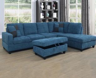 Blue microfiber sectional couch and ottoman