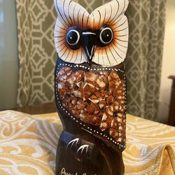 Beautiful Hand Carved & Painted Wood Owl 8”