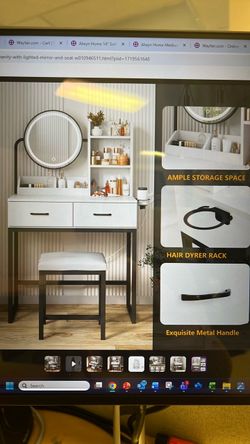 Makeup vanity with lighted mirror and seat