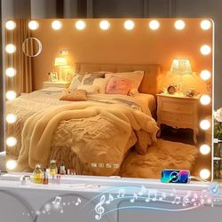 Vanity Mirror with Lights and Bluetooth Speaker, 39.4" x 28.7" Hollywood Makeup Mirror with 21 Dimmable Bulbs and 10X Magnification, 3 Colors Modes, U