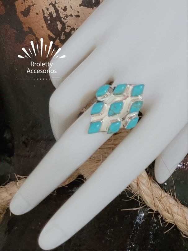 Sterling Silver 925 Ring Rectangle Design With Nine Tourquse Stone