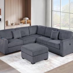 GRAY WIDE WELT CORDUROY SECTIONAL WITH OTTOMAN 