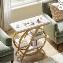 Tribesigns Faux Marble Rectangle End Table, 3-Tier Side Table with Metal Frame for Couch, Bedroom, White & Gold