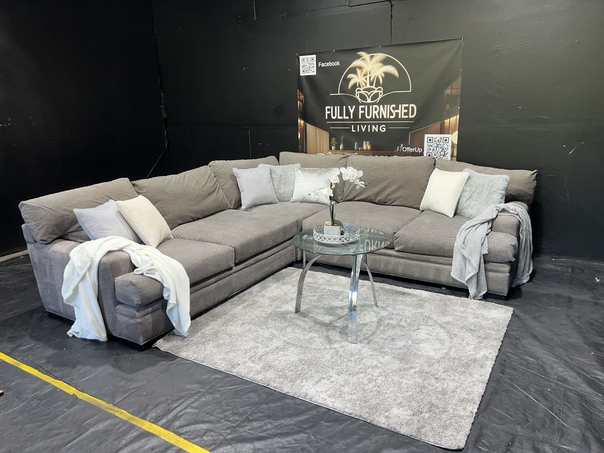 Sectional/couch/sofa,grey green,Cindy Crawford,Duck Down pillows, delivery available