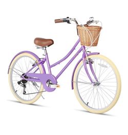 Bicicleta híbrida 6 velocidades, Glerc Missy Girl Cruiser COLOR PURPURA con cesta de mimbre cambios SHIMANO. NUEVA EN CAJA SIN DESTAPAR