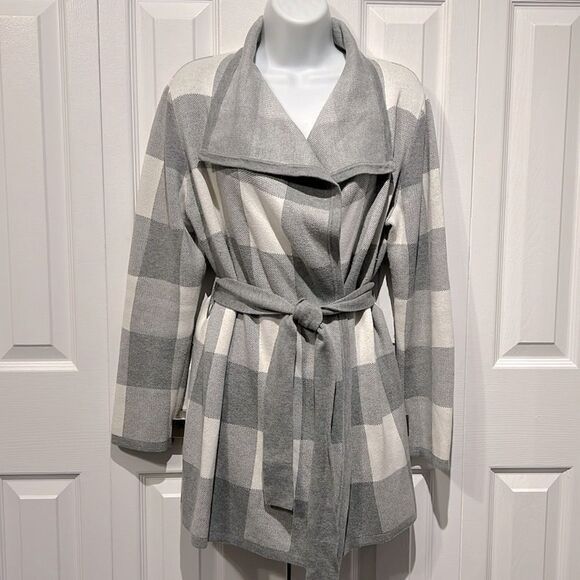 Jones New York Grey Cream Plaid Belted Cardigan Sweater Size M