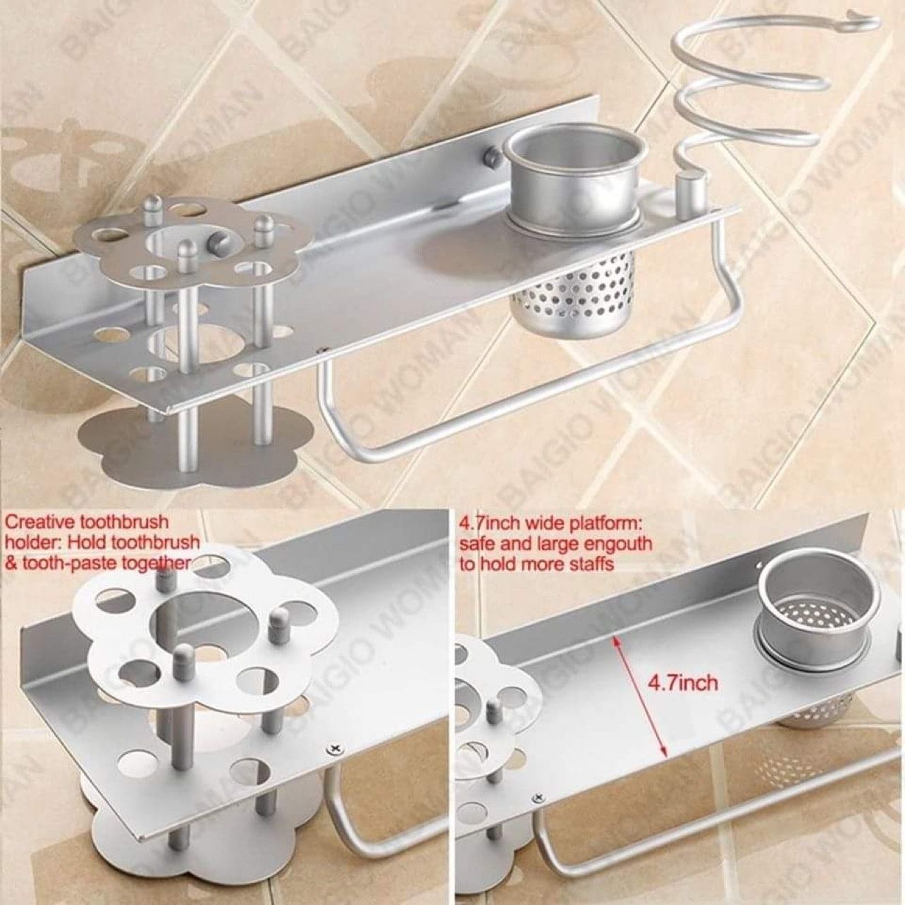 Bathroom Hair Dryer Holder Hair Blow Dryer Comb Holder Organizer Shelf Rack Stand Wall Mounted Hanging Rack with Cup Space Aluminum (with Toothbrush H