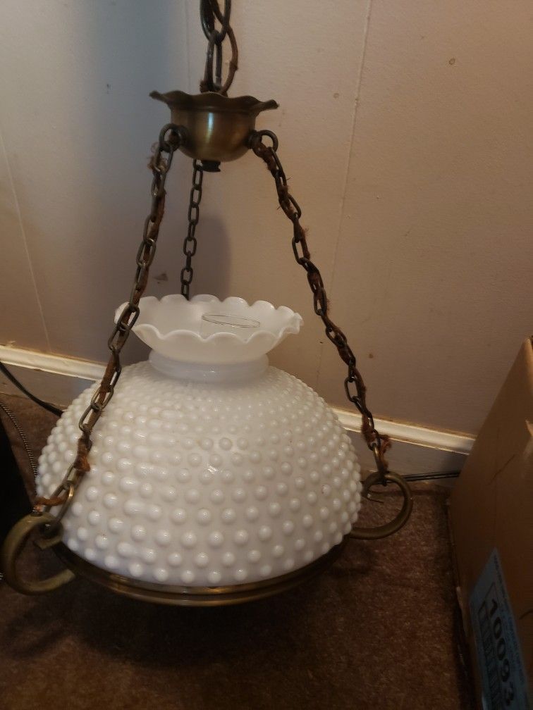 Vintage Hobnail Milk Glass Ceiling Hanging Hurricane Lamp