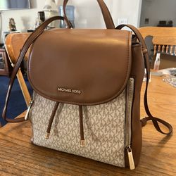 Michael Kors Large Mustard Brown & Monogram Leather MK Logo Backpack Very Clean 