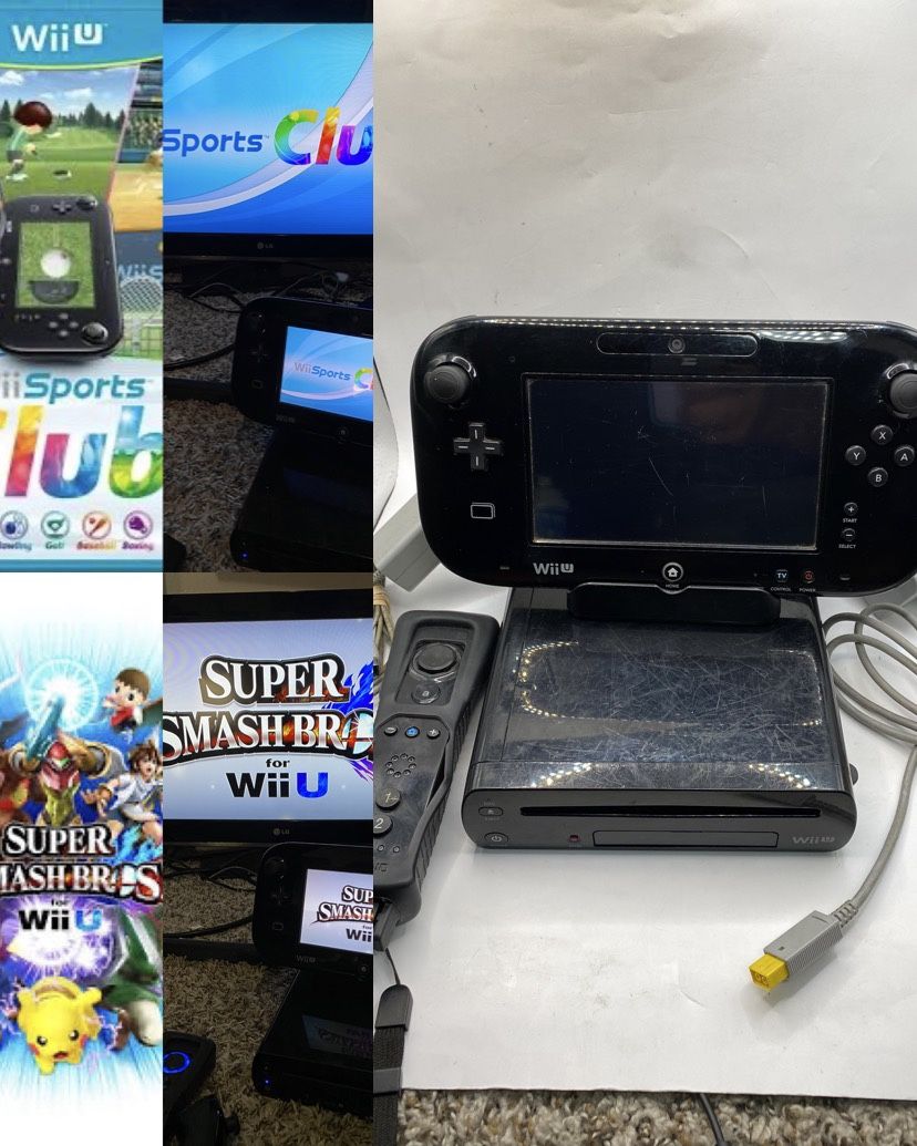 Nintendo Wii U Black 32GB Gamepad Wiimote Stands Sensor Cords Tested Complete