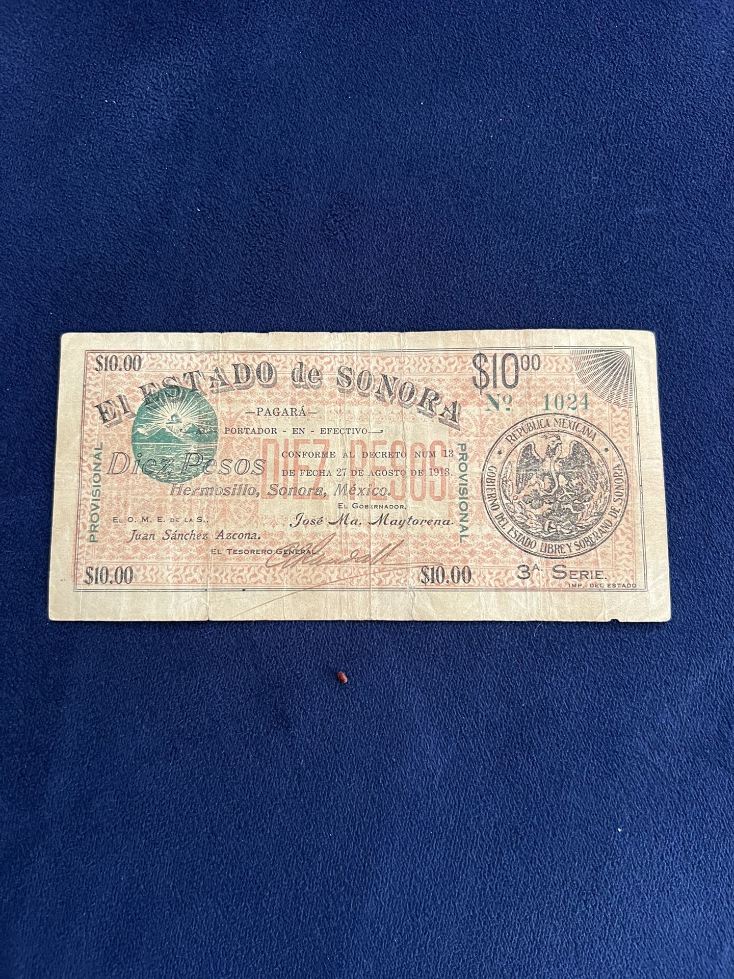 Sonora Mexico 🇲🇽 Old banknote 10 pesos 1913