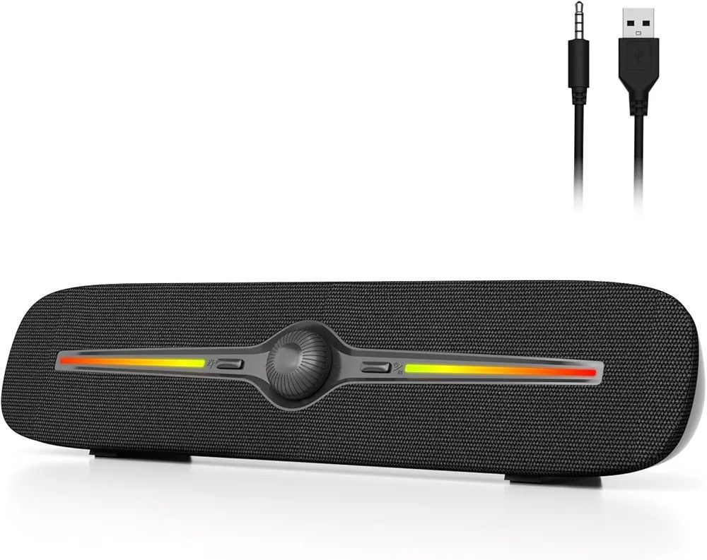 Bluetooth Computer Speakers for Desktop, USB Powered 3.5mm AUX PC Speakers with LED Dynamic Light, Portable Soundbar Speaker with Rotary Volume