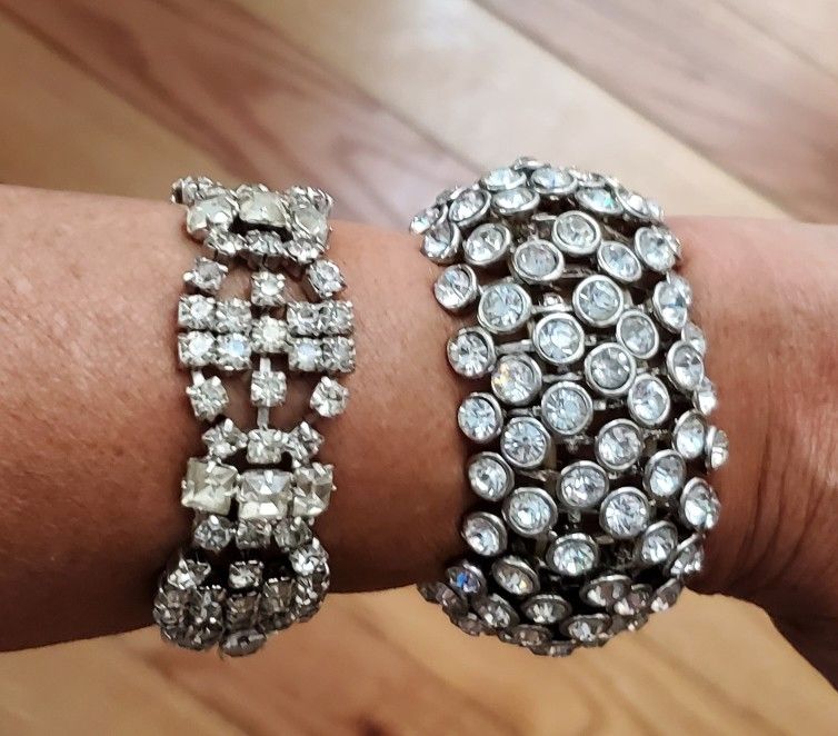 Women's Vintage Kramer of New York (Rhinestone Silver-Tone Bracelet) & Vintage (Stretch Cuff Bracelet) Silver Clear Rhinestone