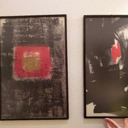 1 pair of Chinese modern water color painting, black and red color with black frame