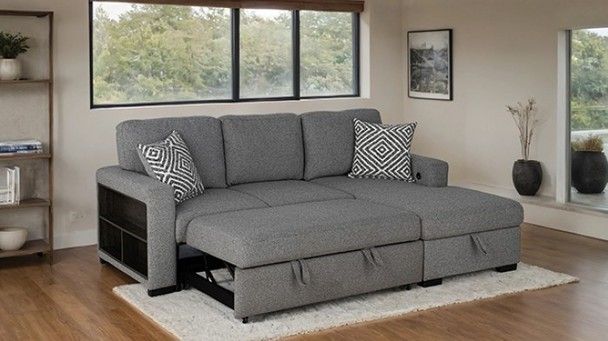 Gray Couch Sofa Sectional Pull-Out Sleeper Dropdown Table w/ USB