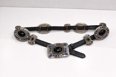 Vintage Western Style Concho Belt Genuine Leather Multicolor Stone Buckle L 36