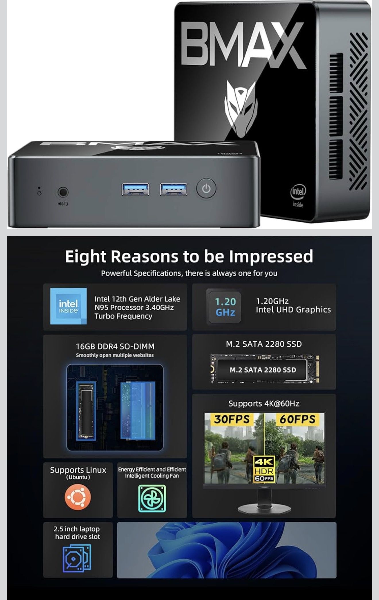 Bmax B4 Mini PC 512GB SSD Intel 12th Gen Alder Lake-N95 (up to 3.4GHz) 16GB SO-DIMM DDR4 RAM, Desktop Computer Support 4K Dual Display/HDMI 2.0/WiFi/B