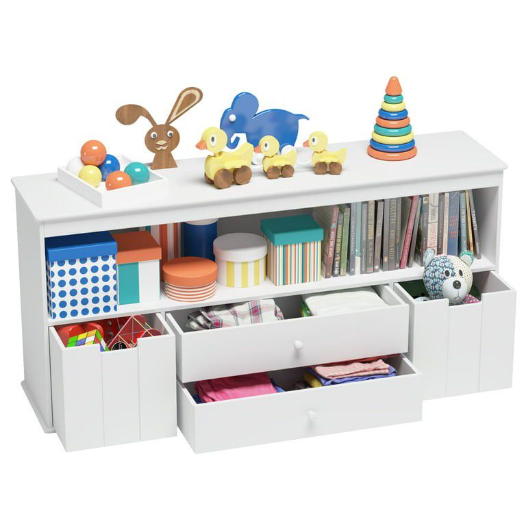 Timy 51.9" Toy Storage Organizer with 2 Drawers, Wooden Toy Organizer Bins, Kids Bookshelf for Reading, Storing, Playing, White

