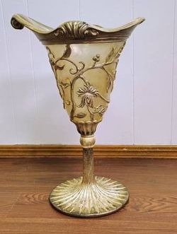 24" Gold Clear Silver Relief Grapevine Scroll French VTG Wedding Trumpet Vase