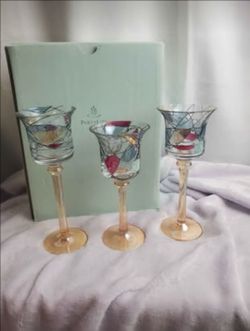 Vintage PartyLite Calypso Mosaic Trio Stemmed Votive Candle Holder Set Tiffany Style