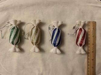 Set Of 4 AVON Festive Glitter Candy-Striped CHRISTMAS ORNAMENTS, New In Box