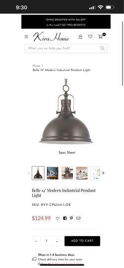 Belle 14" Modern Industrial Pendant Light 	•	Body: 13.75" (W) x 13.75" (D) x 14.5" (H) 	•	Chain: 6' 	•	Cord: 8' 	•	Finish: Oil-rubbed Bronze, Painted 