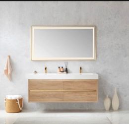Brand New 60” Vinnova Floating Double Sink Bathroom Vanity + LED Mirror