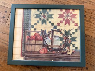 Vintage Folk Art Wall Decor of Quilt with basket of apples