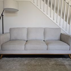 New 90" Mid-Century Modern 3-Seater Gray/Beige Sofa with Dark Tan Wood Base