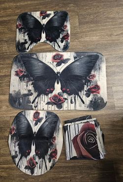 Black Butterfly & Roses Shower Curtain Set with Rugs Toilet Seat Cover Curtain Rings 