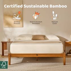 Full Size Japanese Joinery Platform Bed Frame, Mid-Century Modern, Noise-Free Solid Bamboo Wood Sustainable, Sturdy Slat Support with Heavy Duty, Tool