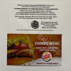 Burger King Free Combo Meal Voucher Cards No Expiration