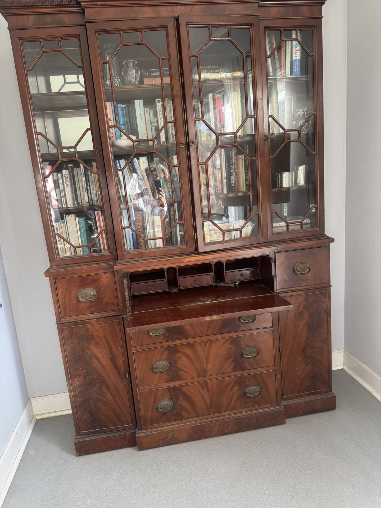 Antique Mahogany China Cabinet With Glass Doors And Drawers