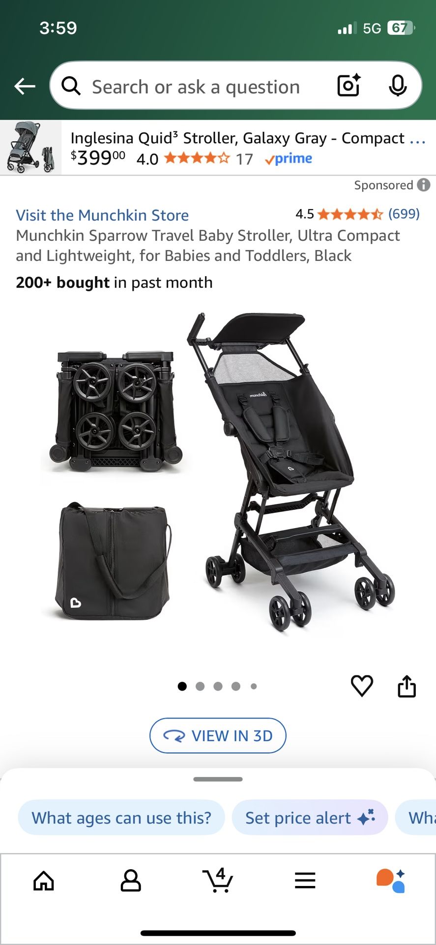 Munchkin Sparrow Travel Baby Stroller, Ultra Compact and Lightweight, for Babies and Toddlers, Black