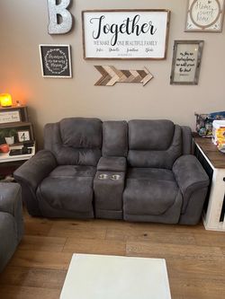 Dark grey microfiber recliner sofa and loveseat