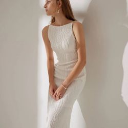 Rihoas White Water Ripple Textured Dress Large