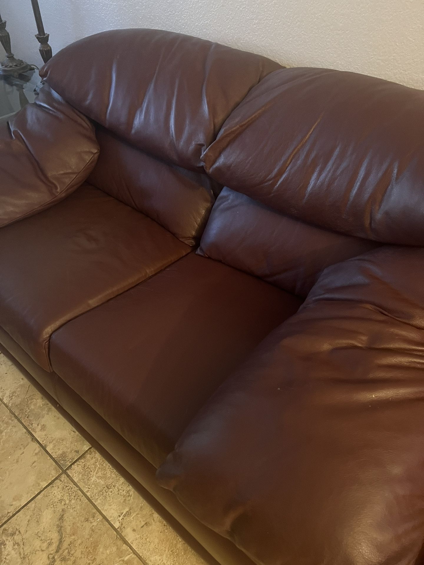 Leather Sofa, Loveseat and Chair, Glass And Metal Coffee Table, 2 End Tables And Console Table