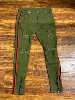 Olive Green Distressed Side Stripe Zipper Jeans Size 34 Pre Owned