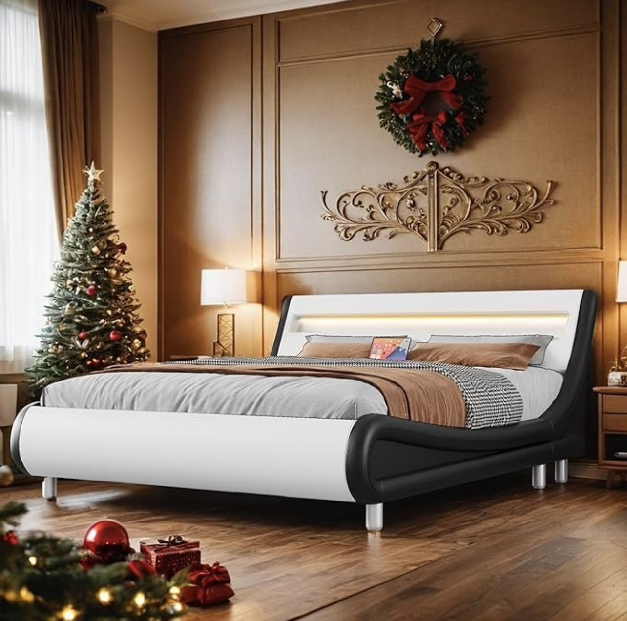 BED FRAME KING SIZE WITH ERGONOMIC HEADBOARD AND LED LIGHTING BRAND NEW IN BOX!!!