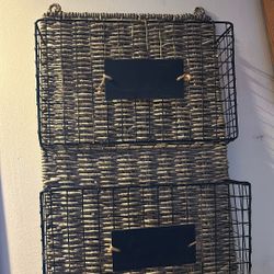 Office/ Entryway Organizer.  Straw Colors-, Black, Grey, Brown.  Chalkboard Signs. Brass And Black Metal 