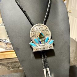 Very Heavy & Large Sterling Silver & Turquoise Bolo Necktie 