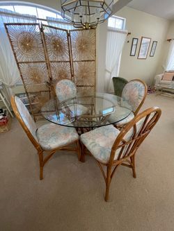 5 pc Postmodern - Bohemian style, rattan, wicker & glass dining set