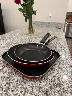 3-Piece Nonstick Cookware Set – Frying Pans & Griddle – Red